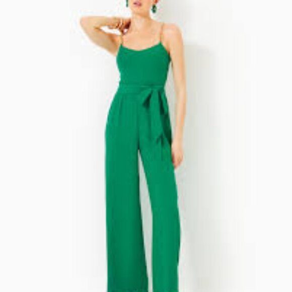 NWT Lilly Pulitzer Zemira jumpsuit in fiddle leaf green gold chain straps, Sz. 6
